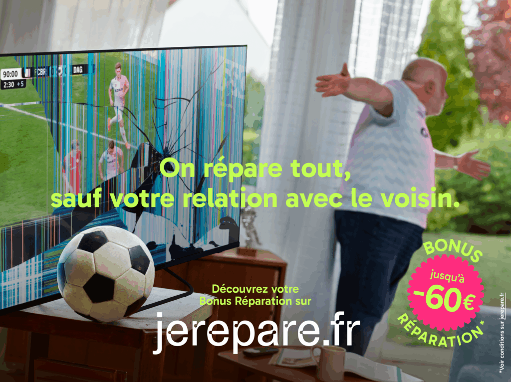 Un ballon de foot à casser la télé : Jerépare.fr on répare tout sauf votre relation avec le voisin. Bonus réparation jusqu'à -60€
